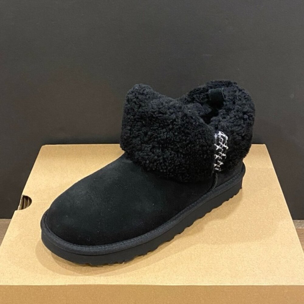 UGG Women's Ultra Mini Braid Black Ankle Boots Bootie Shoes Flats NEW